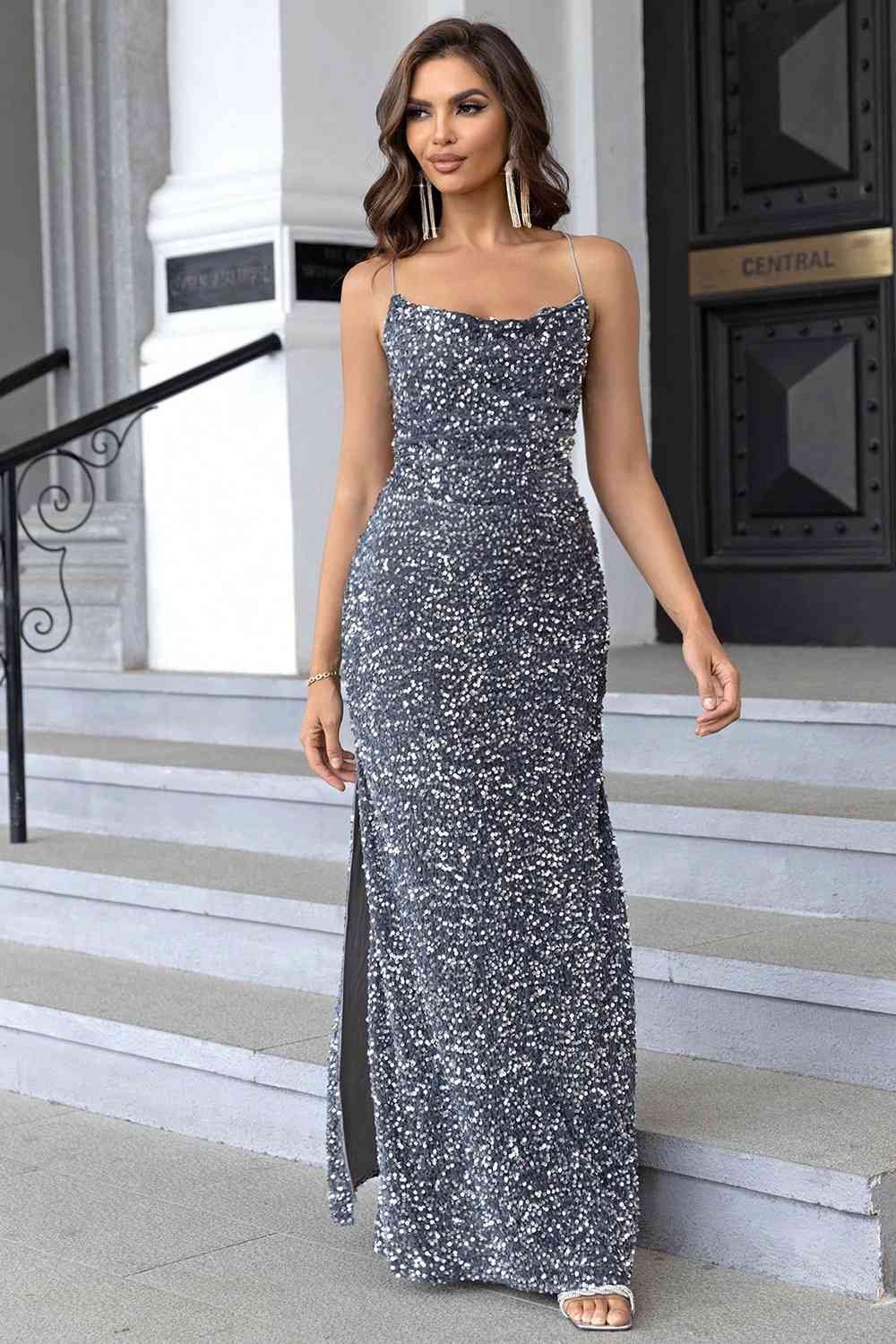 ROXANE Sequin Backless Split Maxi Dress