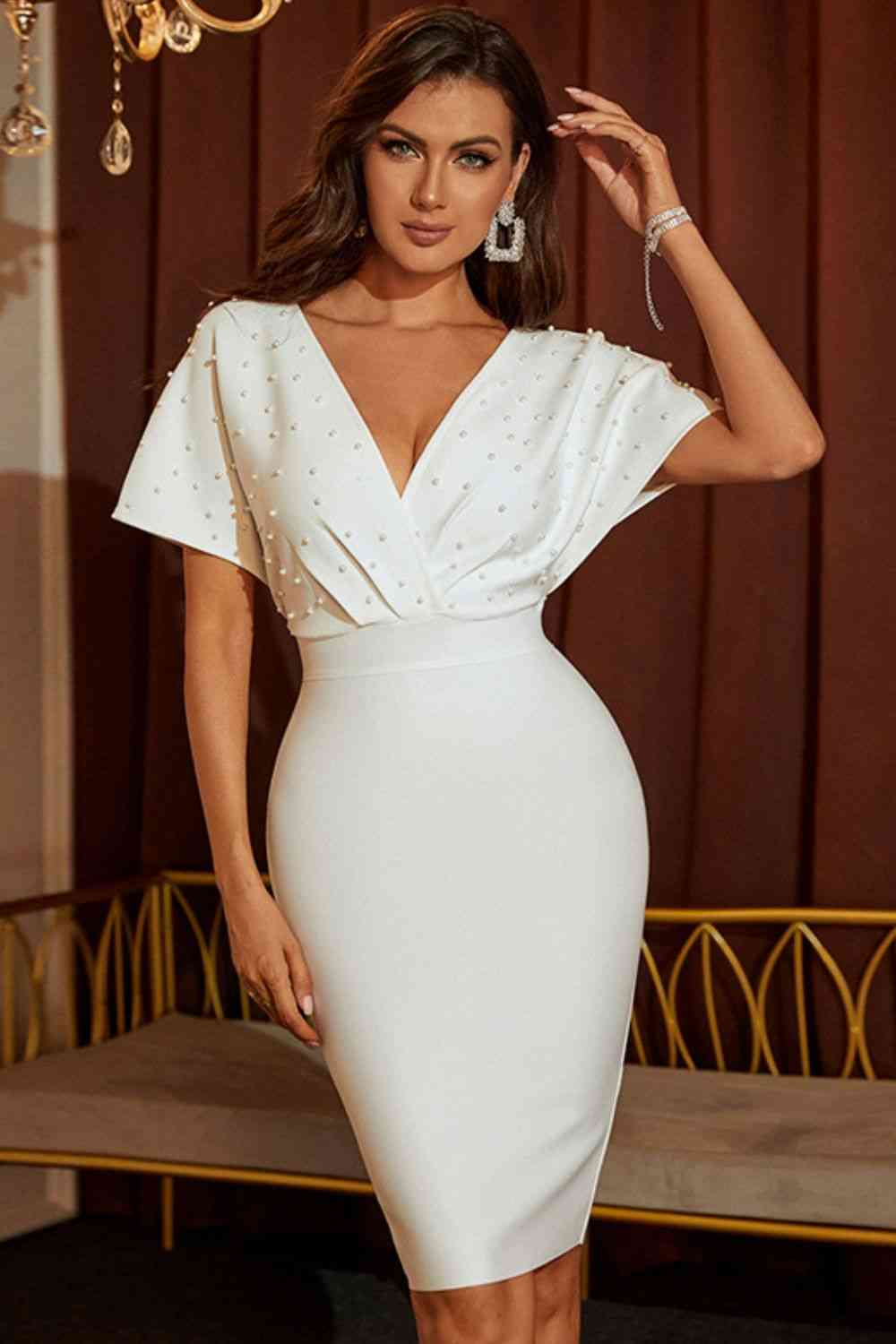 YULIIA Beaded Dolman Sleeve Bodycon White Midi Dress