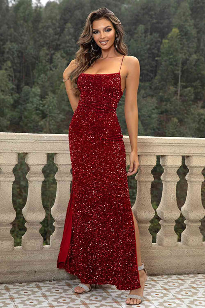 ROXANE Sequin Backless Split Maxi Dress