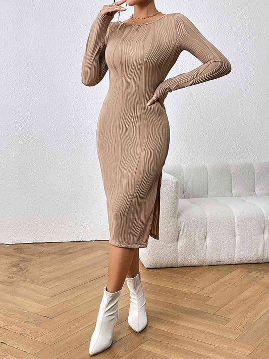 LUCY Long Sleeve Slit Warm Tan Midi Dress