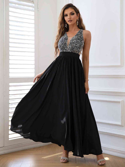 VIKTORIA Sequin Sleeveless Black Maxi Dress