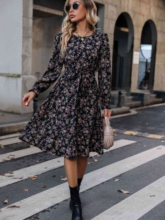 RUBY Printed Balloon Sleeve Black Midi Dress