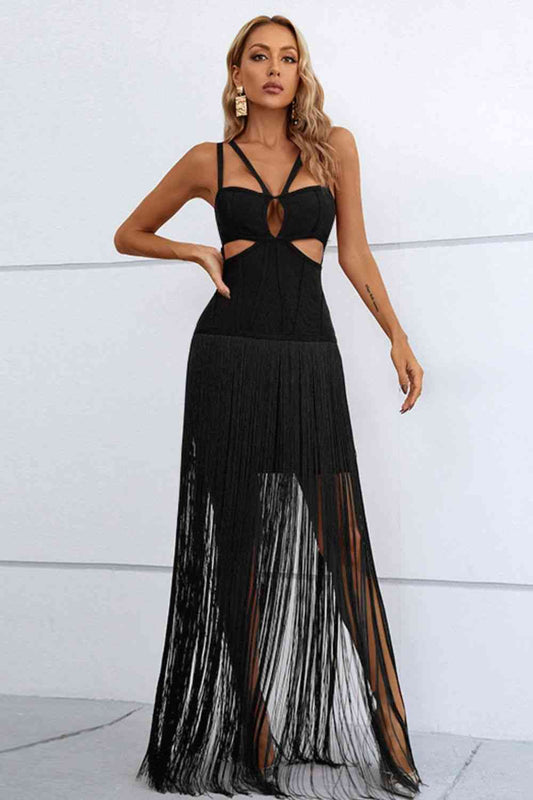 MY LADY Cutout Strappy Neck Fringe Mini Dress