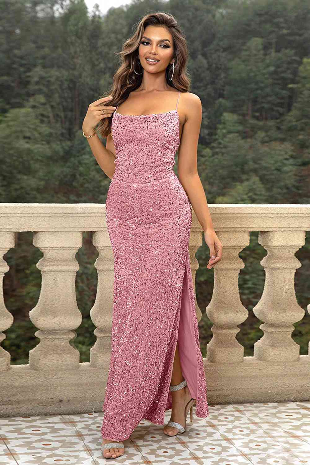 ROXANE Sequin Backless Split Maxi Dress