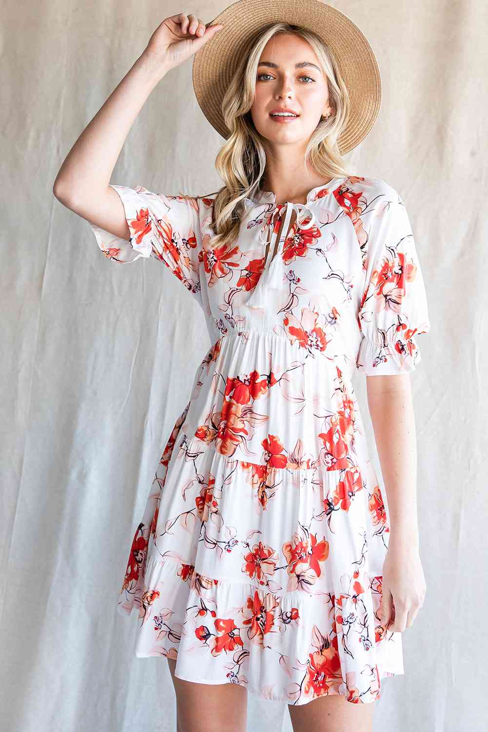 YULIIA Floral Tied Neckline Tiered Mini Dress