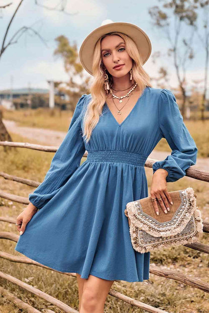 THERESE V-Neck Smocked Waist Mini Dress