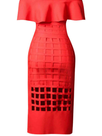 VIKTOIRE Layered Cutout Slit Red Midi Dress