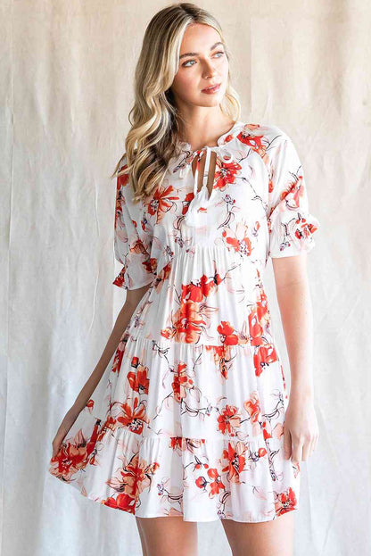 YULIIA Floral Tied Neckline Tiered Mini Dress