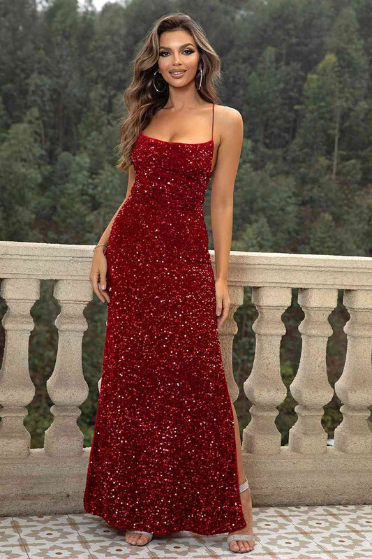 ROXANE Sequin Backless Split Maxi Dress