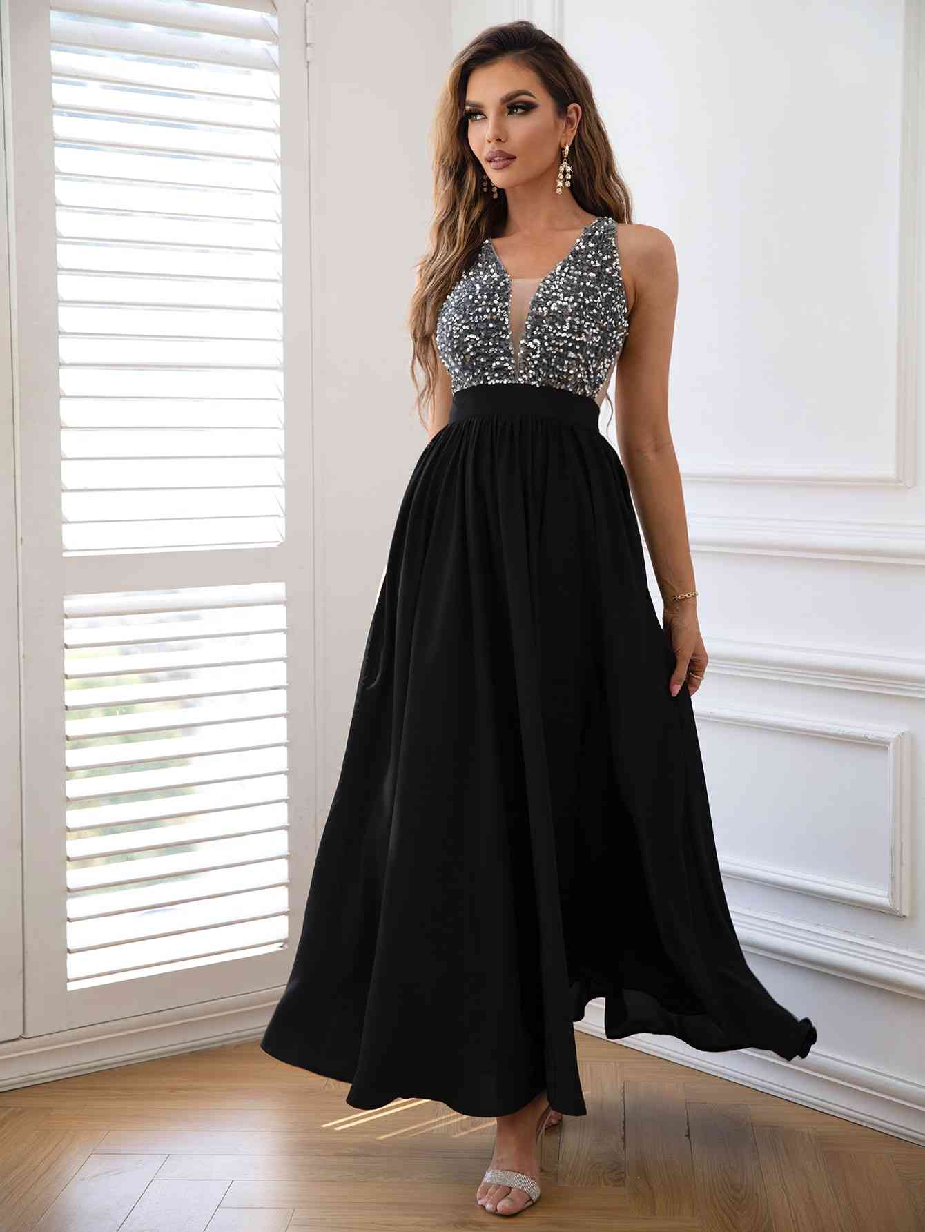 VIKTORIA Sequin Sleeveless Black Maxi Dress