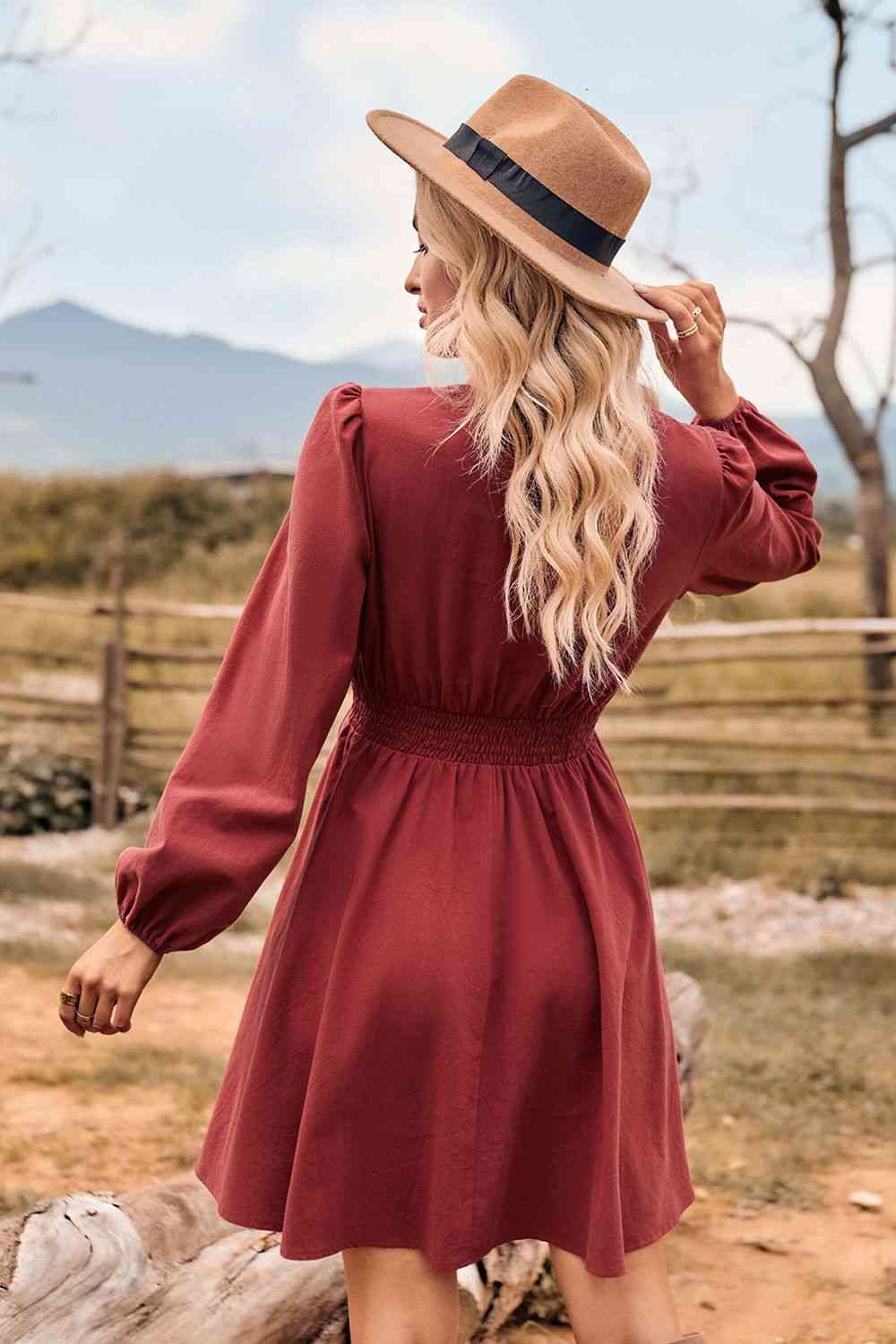 THERESE V-Neck Smocked Waist Mini Dress