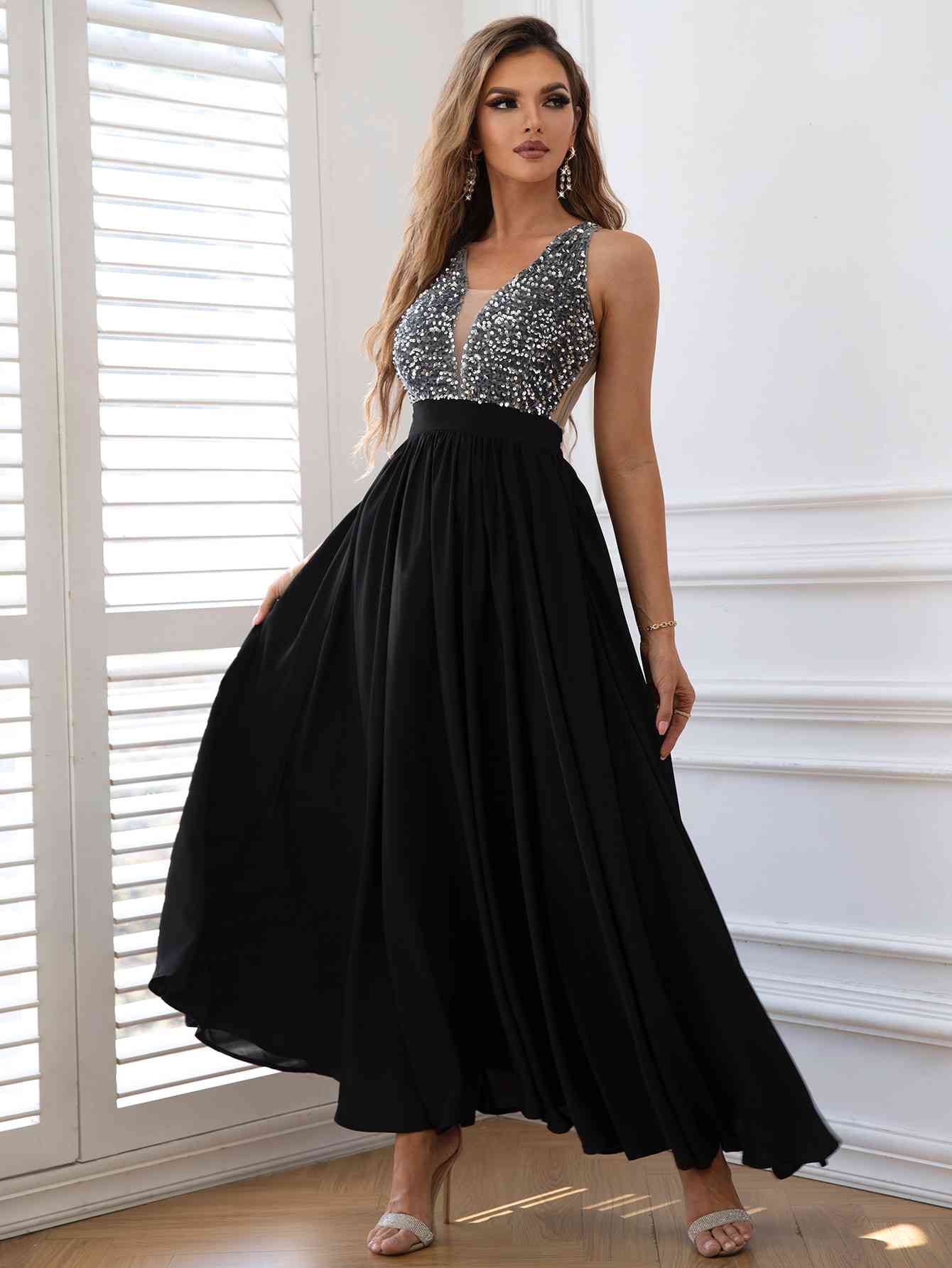 VIKTORIA Sequin Sleeveless Black Maxi Dress