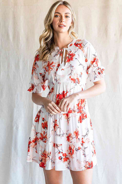 YULIIA Floral Tied Neckline Tiered Mini Dress