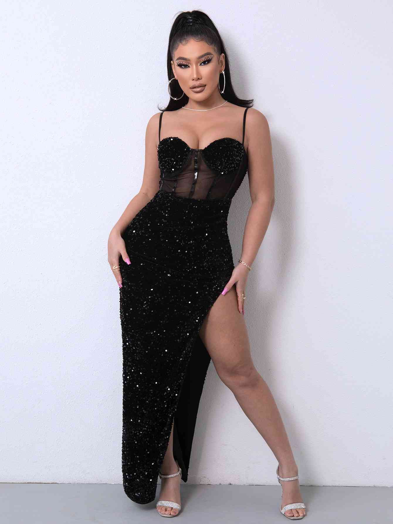 SOPHIA Sequin Spliced Mesh Dress