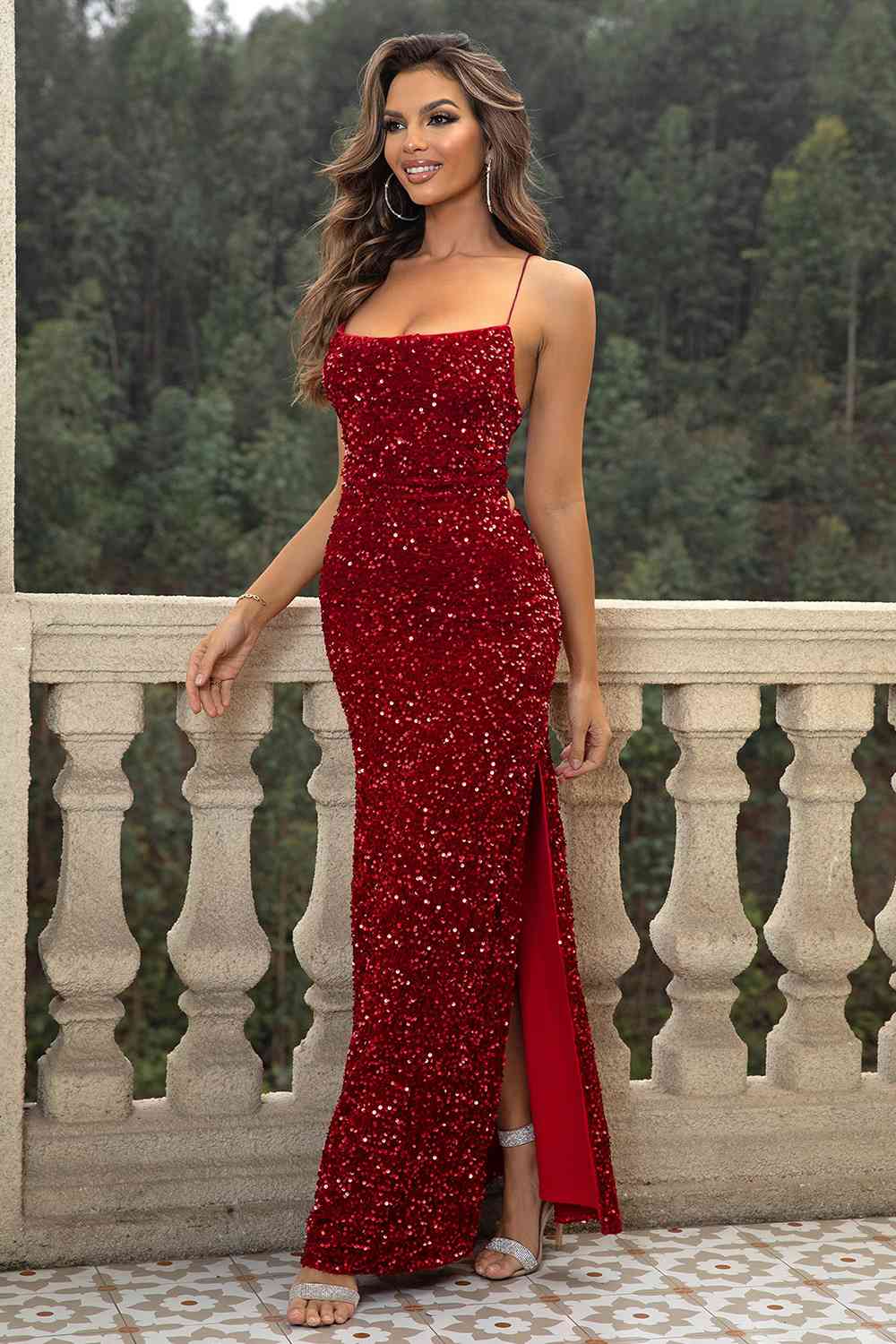 ROXANE Sequin Backless Split Maxi Dress