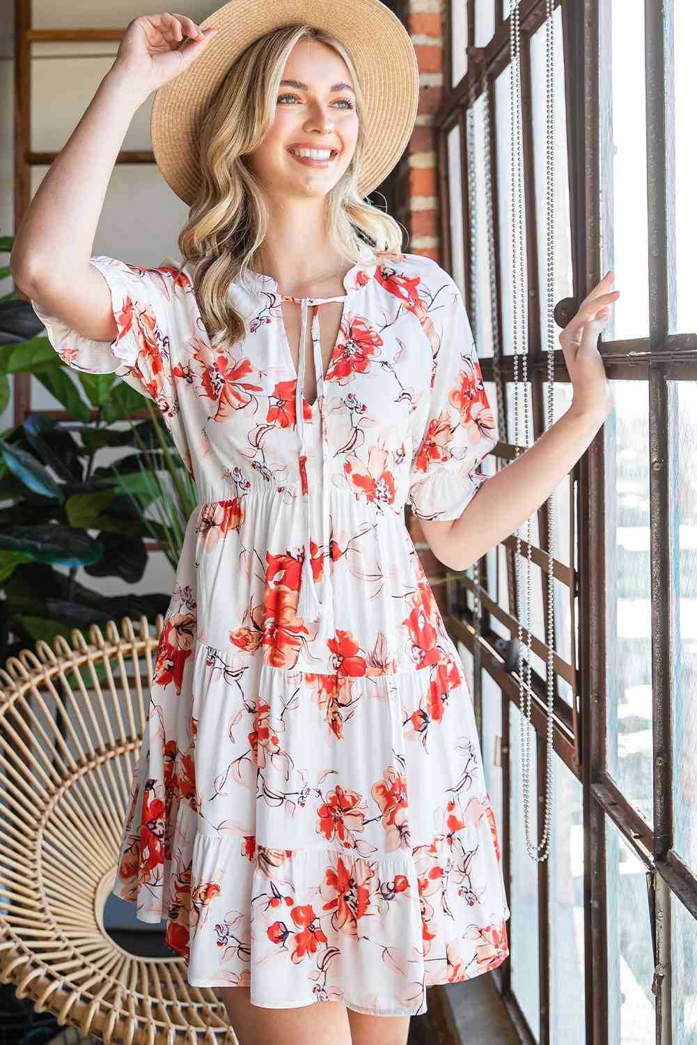 YULIIA Floral Tied Neckline Tiered Mini Dress